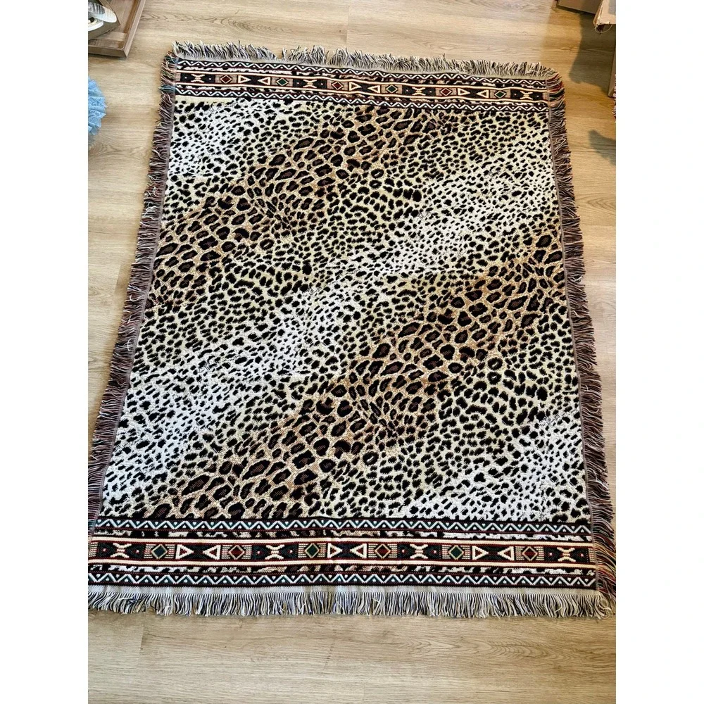 Leopard Print Woven Throw Blanket Tribal Border Fringe USA Made 59x47